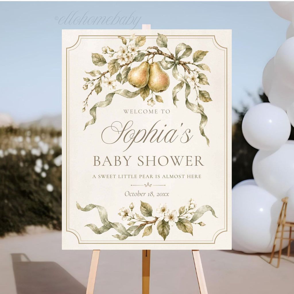 Watercolor pear blossom baby shower sign displayed outdoors beside a neutral white balloon arrangement which features " A sweet little pear is almost here".