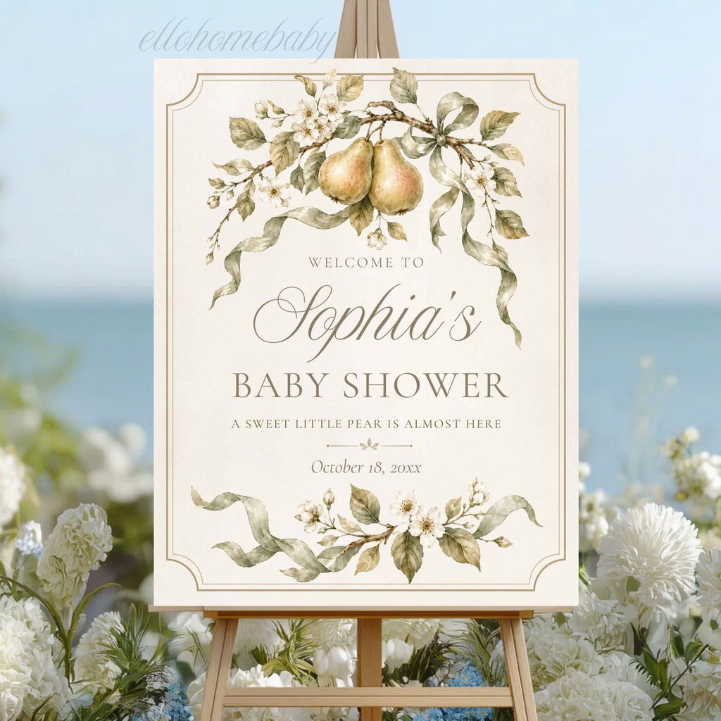 Personalized garden baby shower welcome sign with pears, flowering branches and antique-style border.