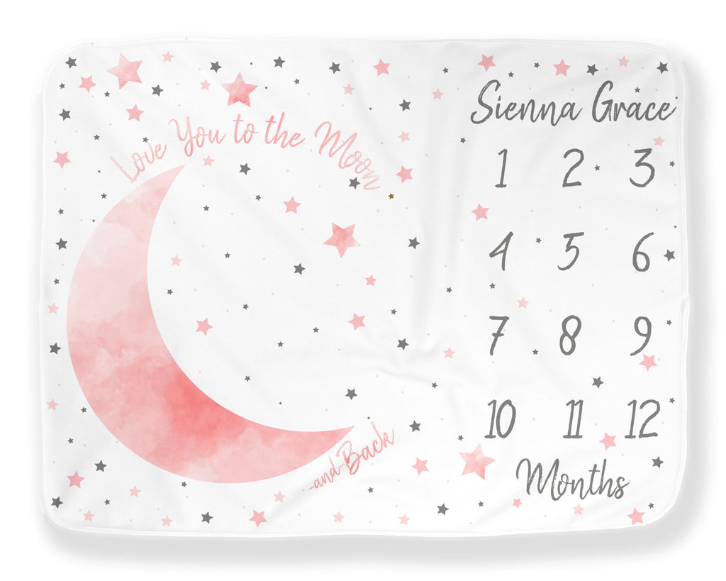 Moon Baby Milestone Blanket Girl, First Year Calendar Monthly Growth Mat, I Love You to the Moon and Back Month Blanket, Baby Shower Gift