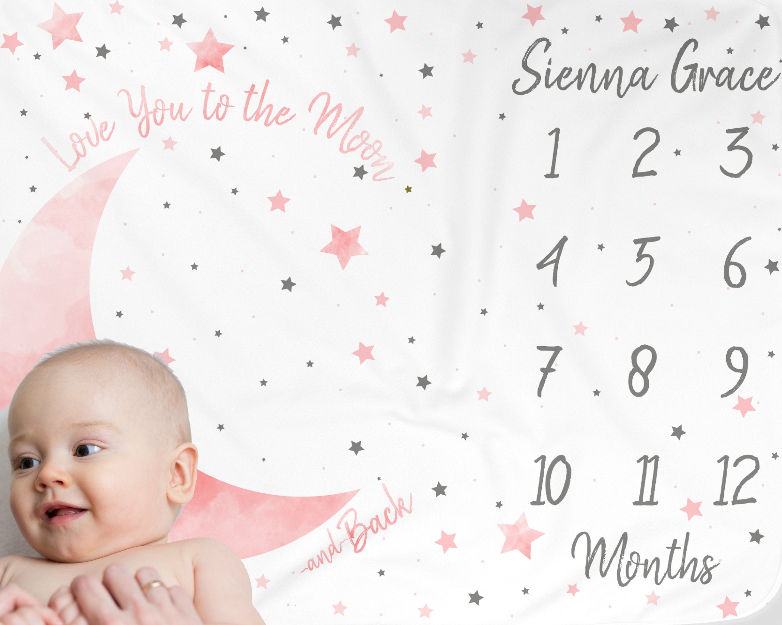 Moon Baby Milestone Blanket Girl, First Year Calendar Monthly Growth Mat, I Love You to the Moon and Back Month Blanket, Baby Shower Gift