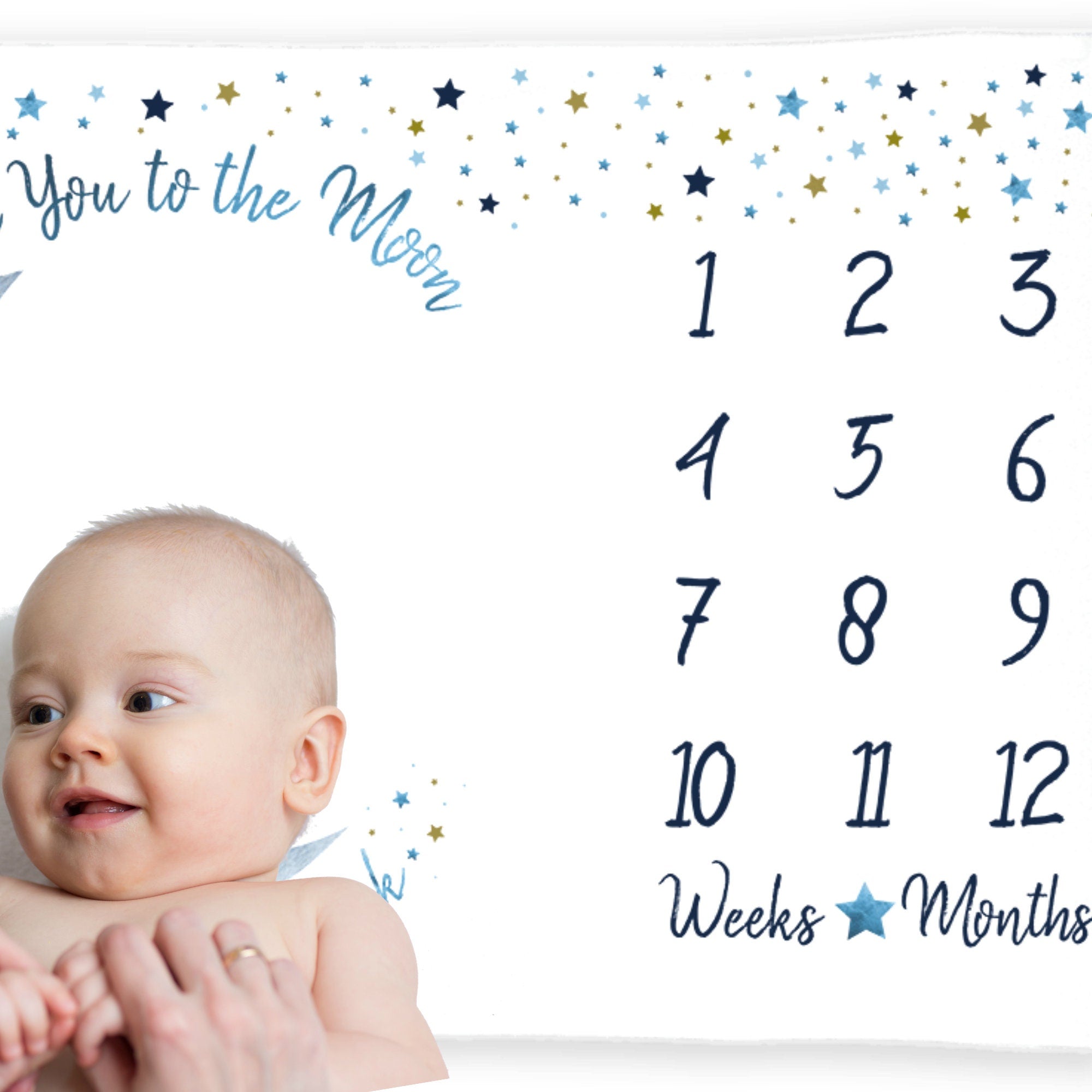 Moon Baby Milestone Blanket Boy, Personalized Name Month Blanket, First Year Calendar Monthly Growth Mat, I Love You to the Moon and Back