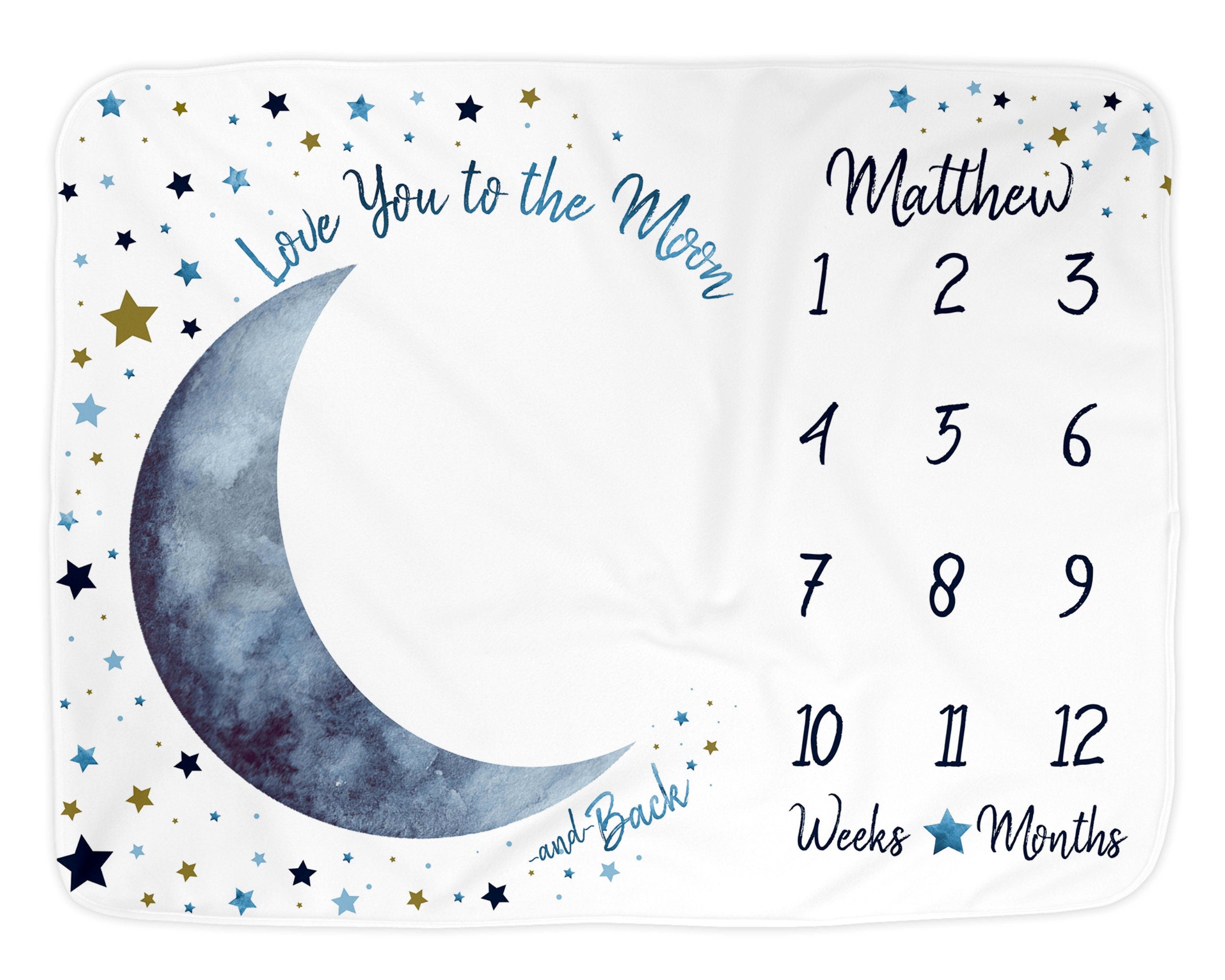 Moon Baby Milestone Blanket Boy, Personalized Name Month Blanket, First Year Calendar Monthly Growth Mat, I Love You to the Moon and Back