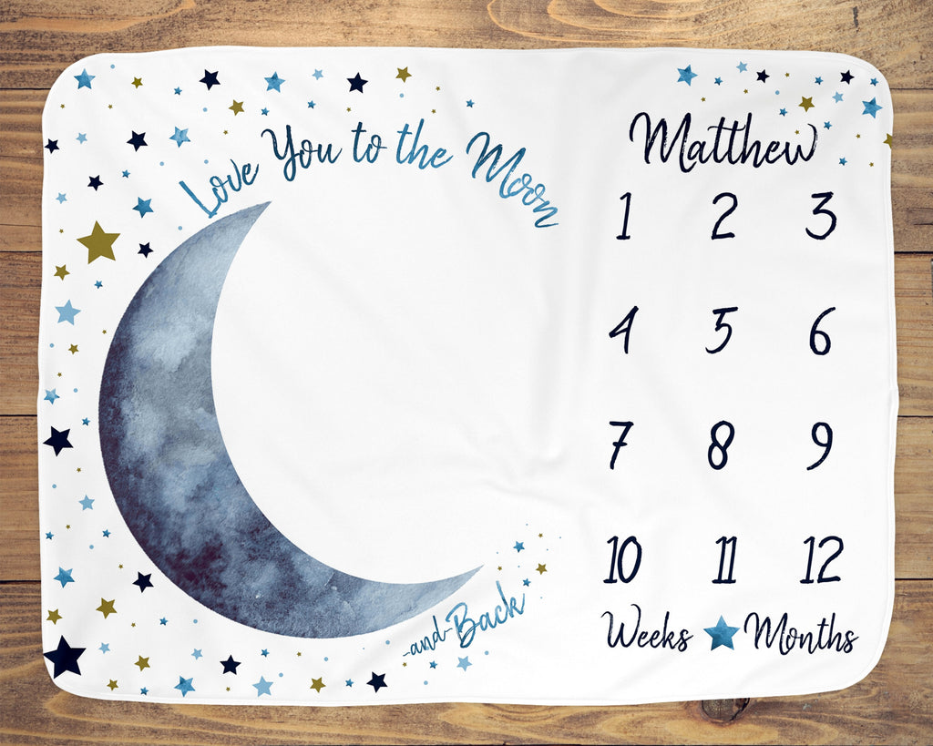 Moon Baby Milestone Blanket Boy, Personalized Name Month Blanket, First Year Calendar Monthly Growth Mat, I Love You to the Moon and Back