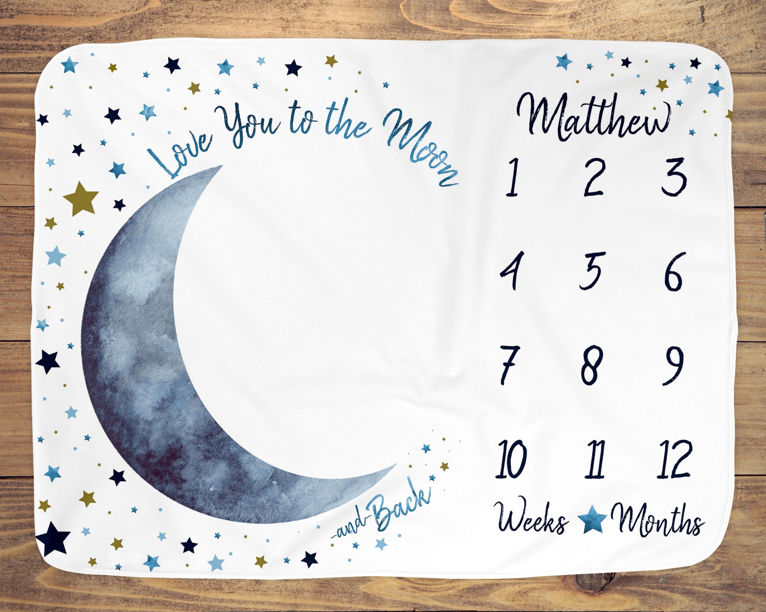Moon Baby Milestone Blanket Boy, Personalized Name Month Blanket, First Year Calendar Monthly Growth Mat, I Love You to the Moon and Back