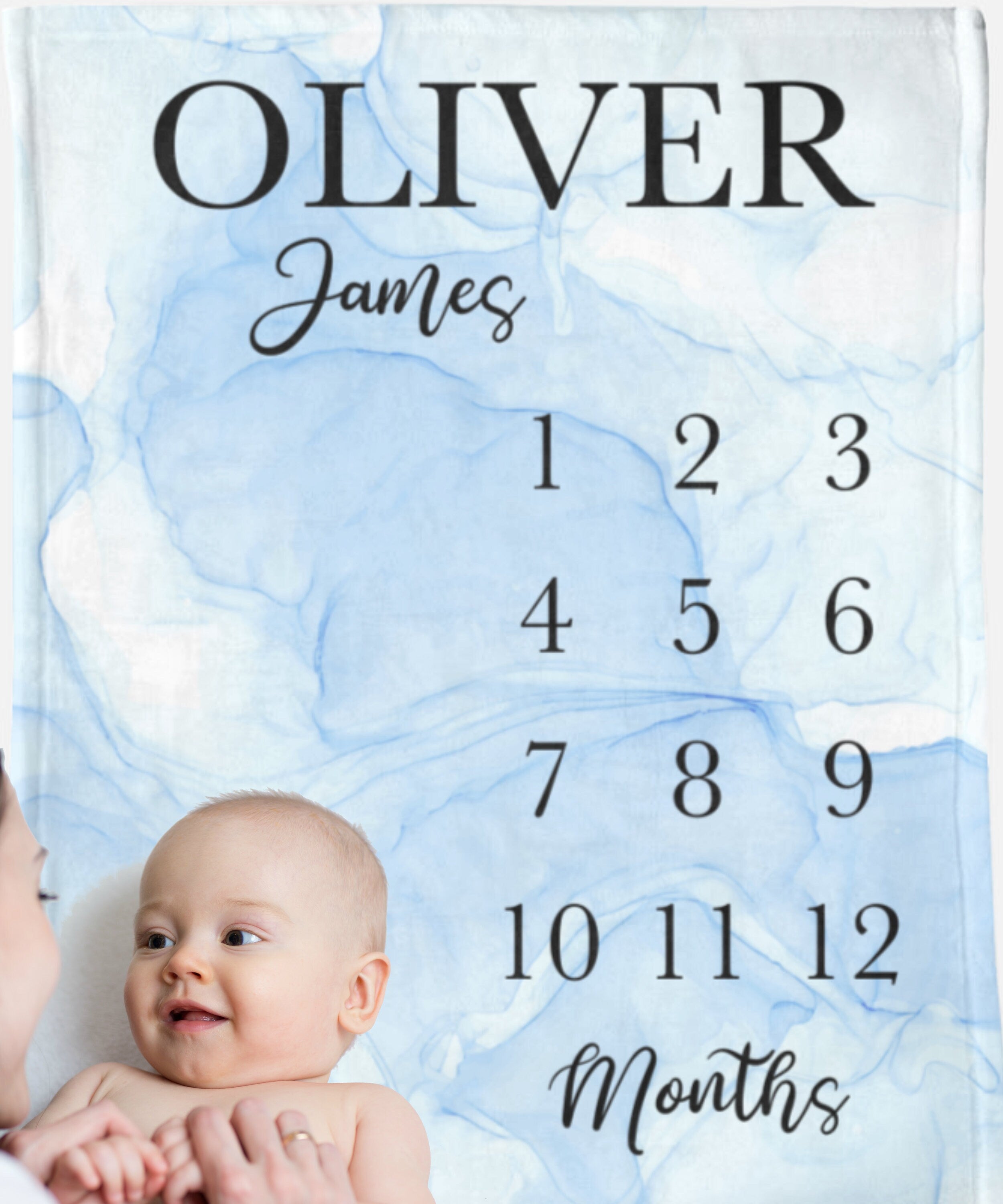 Baby Milestone Blanket Boy, Marble Watercolor Personalized Name Month Blanket, First Year Calendar Monthly Growth Chart, Baby Shower Gift