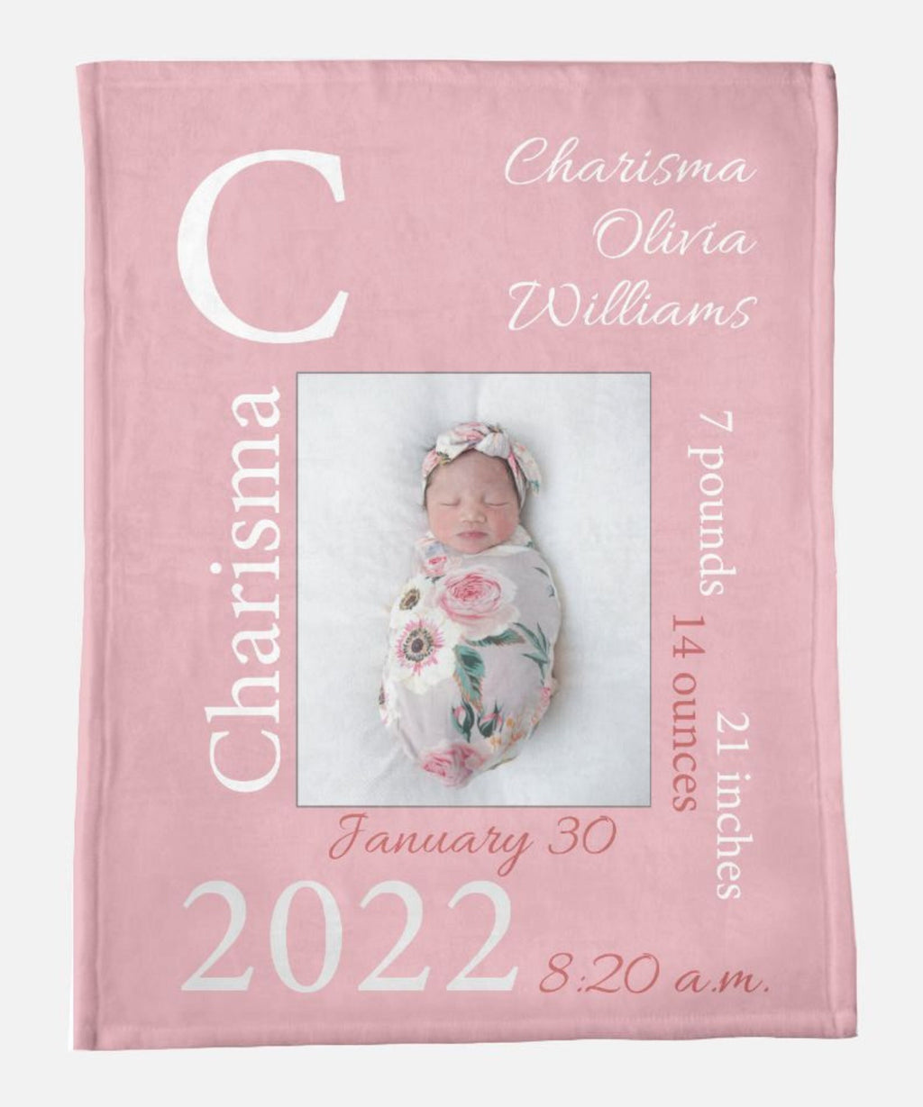 Personalized Baby Photo Newborn Blanket with Birth Stats, Customized Name BirthDate Weight Growth, Custom Keepsake Toddler Throw Girls Boys