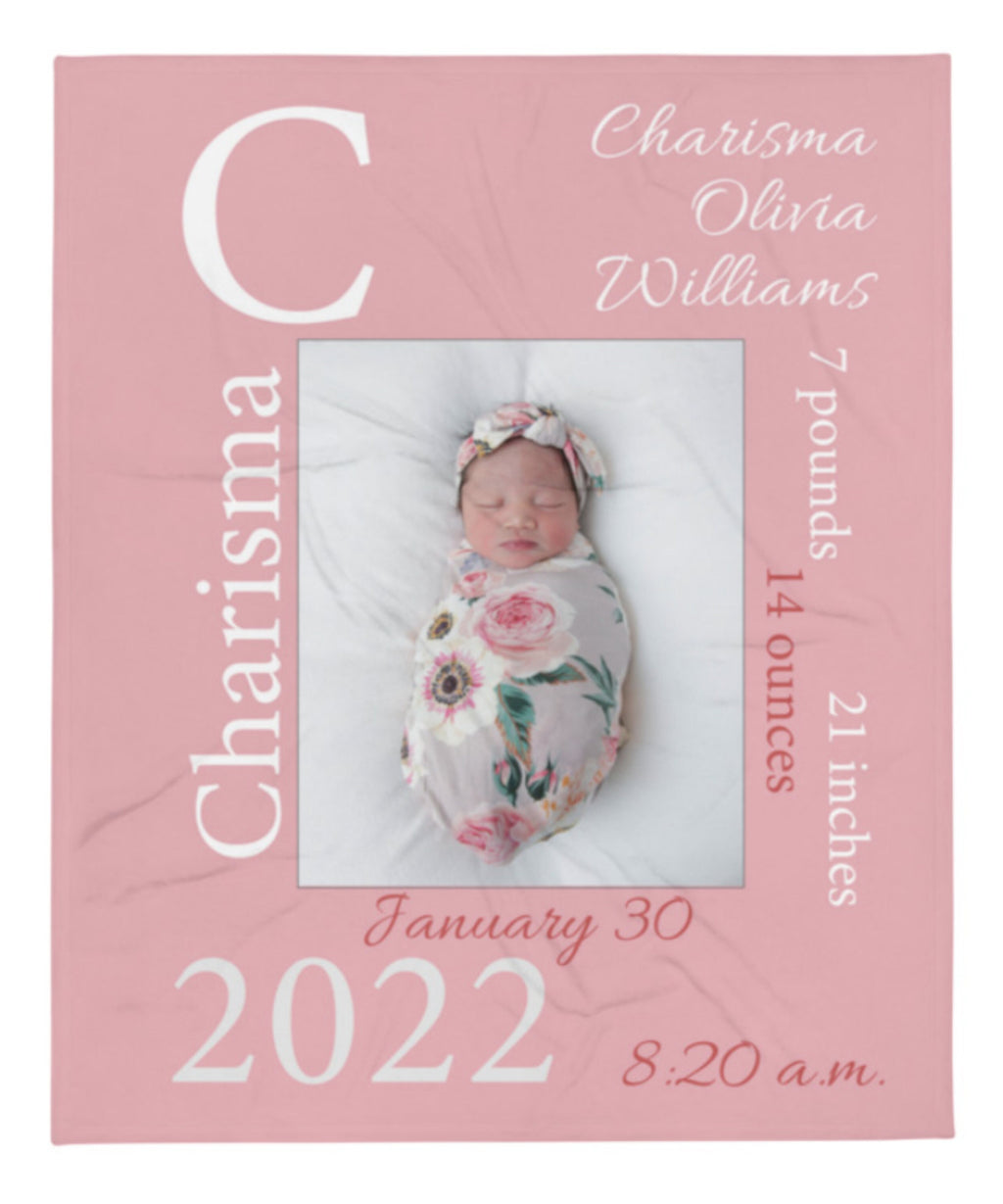 Personalized Baby Photo Newborn Blanket with Birth Stats, Customized Name BirthDate Weight Growth, Custom Keepsake Toddler Throw Girls Boys