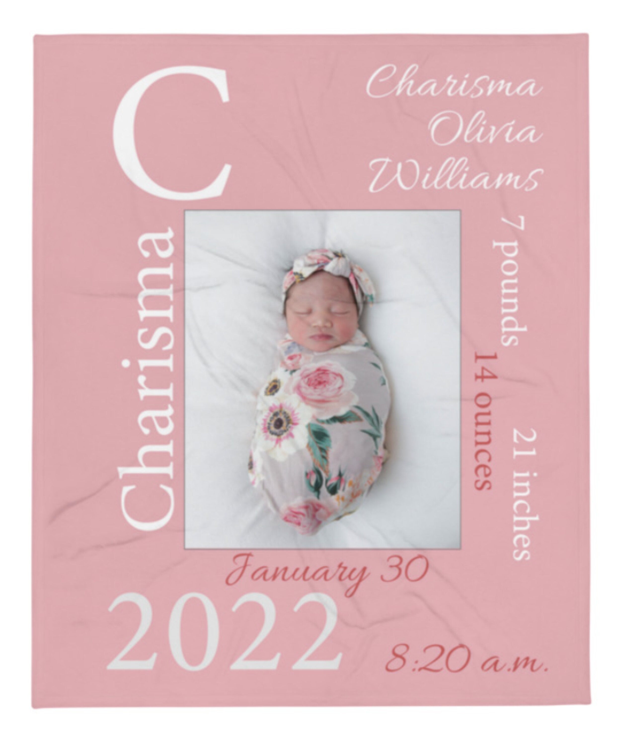 Personalized Baby Photo Newborn Blanket with Birth Stats, Customized Name BirthDate Weight Growth, Custom Keepsake Toddler Throw Girls Boys