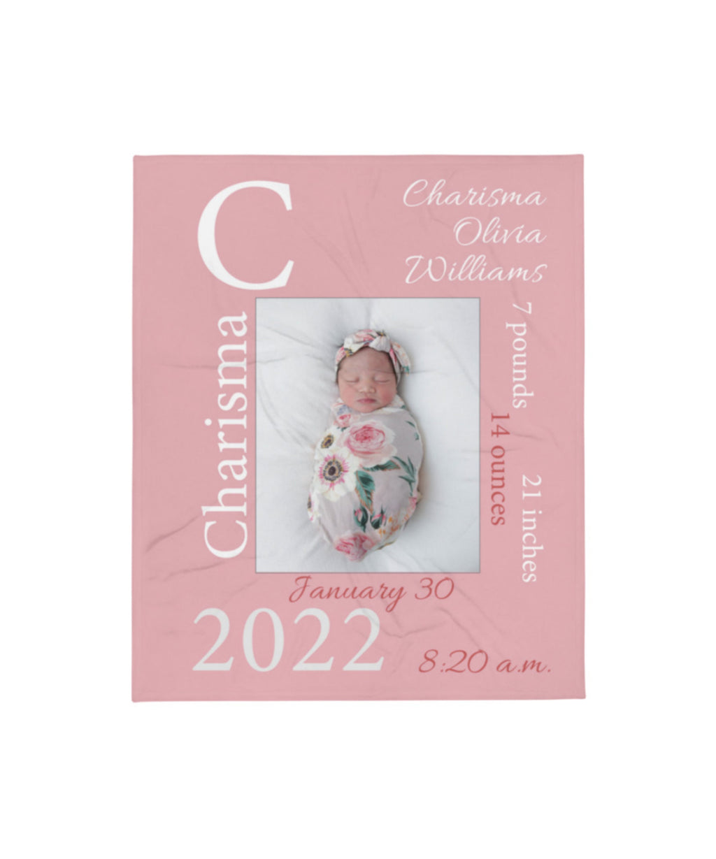 Personalized Baby Photo Newborn Blanket with Birth Stats, Customized Name BirthDate Weight Growth, Custom Keepsake Toddler Throw Girls Boys