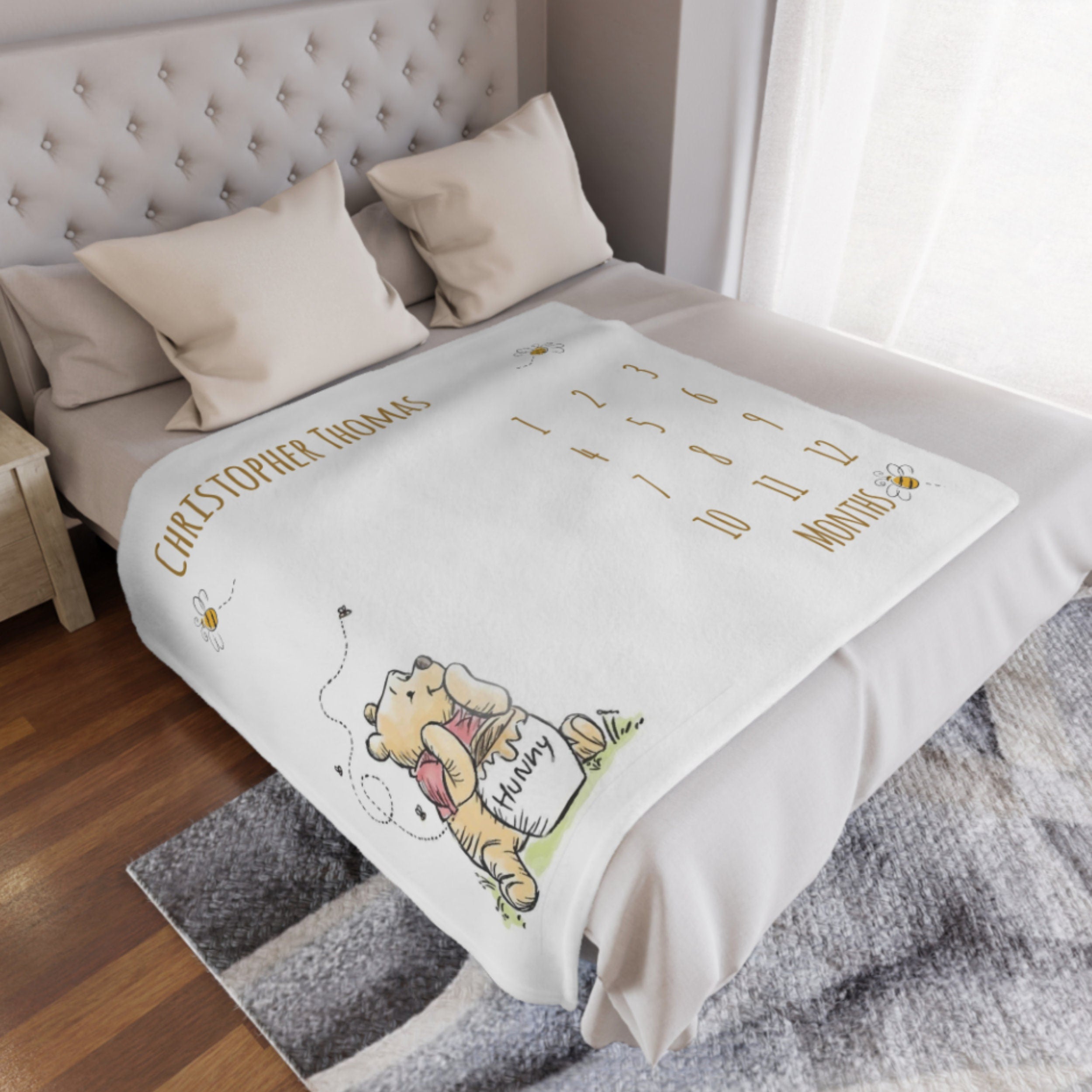 Classic Winnie Bear Baby Milestone Blanket Boy, First Year Calendar Monthly Growth Blanket Girl, Personalized Name Month Baby Shower Gift