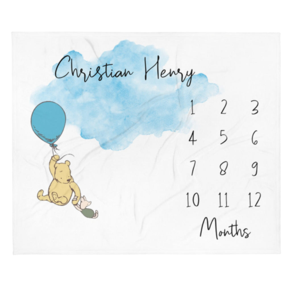 Classic Winnie Bear Baby Milestone Blanket, First Year Month Growth Tracker, Custom Name Newborn Blanket, Storybook Baby Shower Gift Boy
