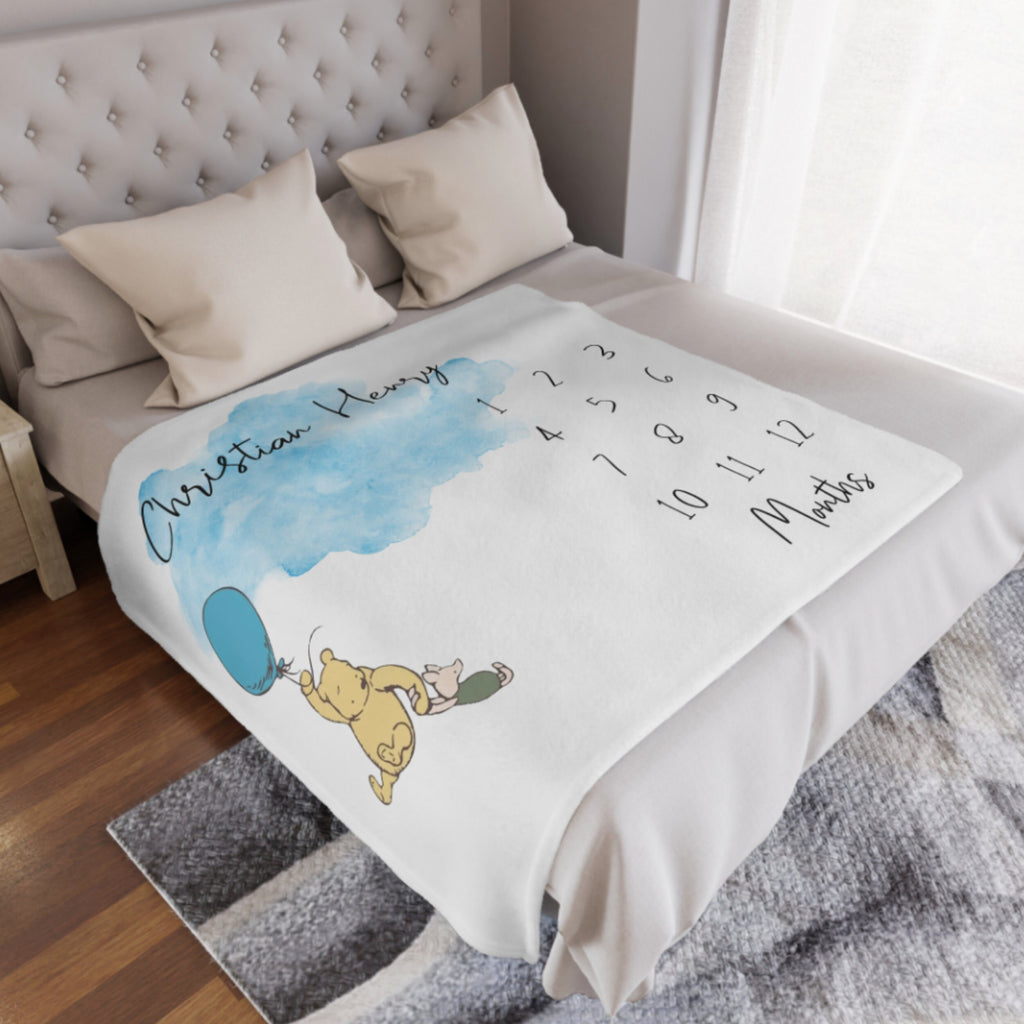 Classic Winnie Bear Baby Milestone Blanket, First Year Month Growth Tracker, Custom Name Newborn Blanket, Storybook Baby Shower Gift Boy