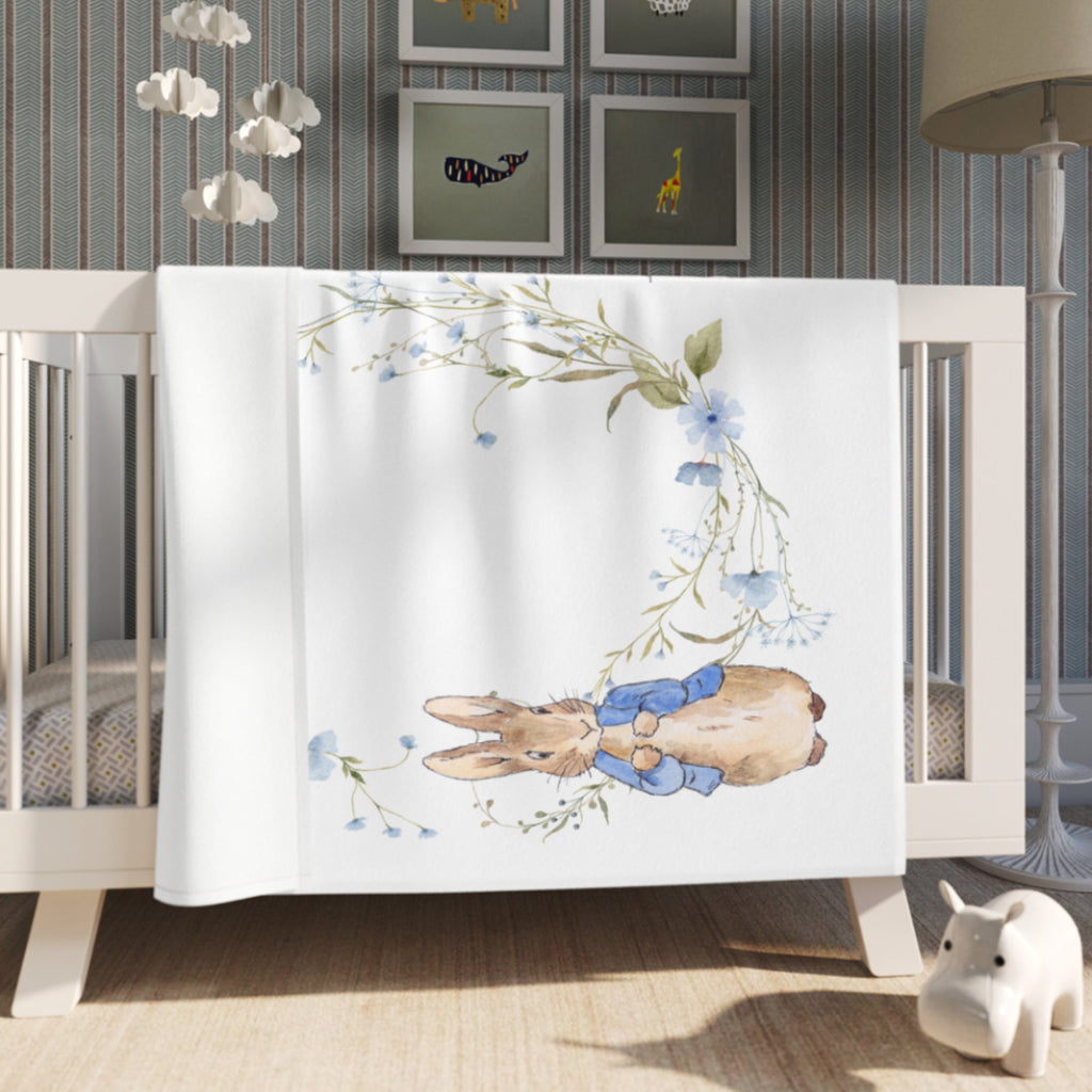 Vintage Rabbit Milestone Blanket, Blue Floral Wildflower, Personalized Baby Month Blanket Boy, Monthly Growth Chart