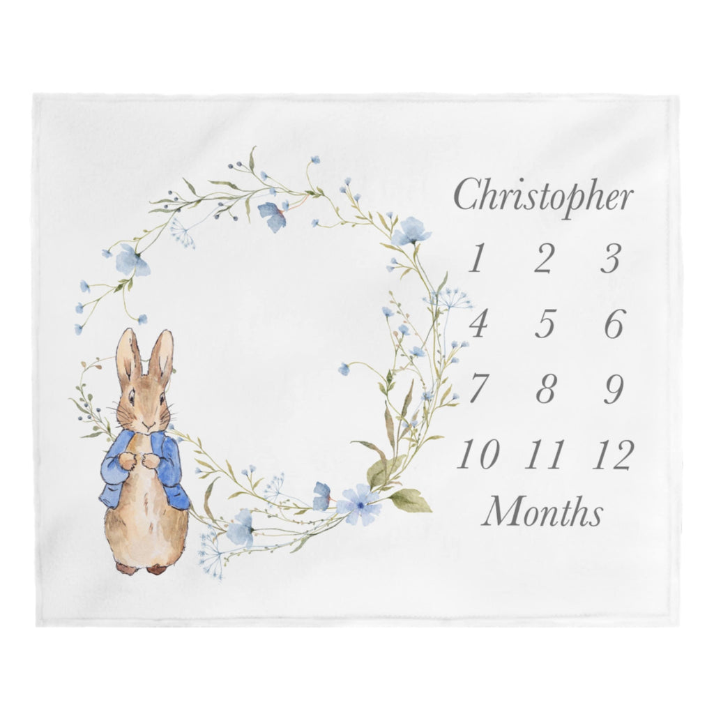 Vintage Rabbit Milestone Blanket, Blue Floral Wildflower, Personalized Baby Month Blanket Boy, Monthly Growth Chart