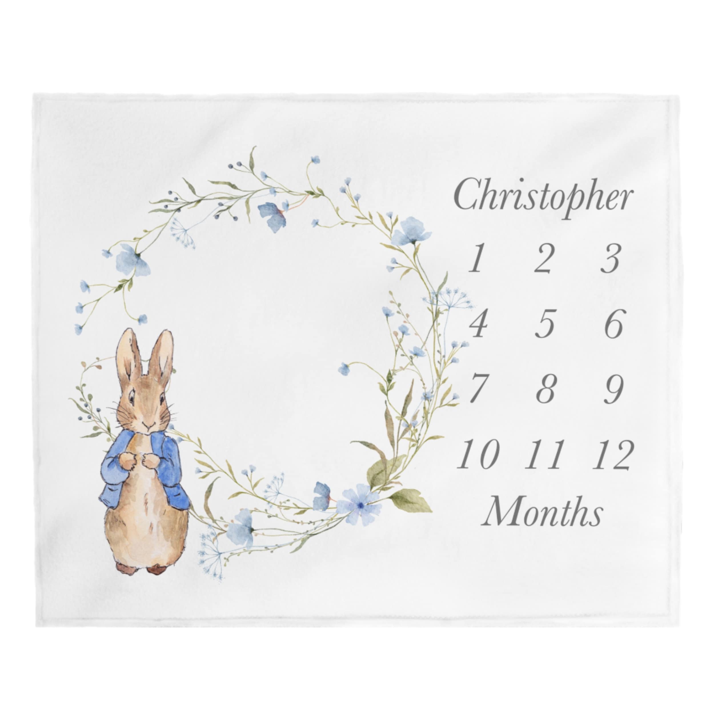 Vintage Rabbit Milestone Blanket, Blue Floral Wildflower, Personalized Baby Month Blanket Boy, Monthly Growth Chart