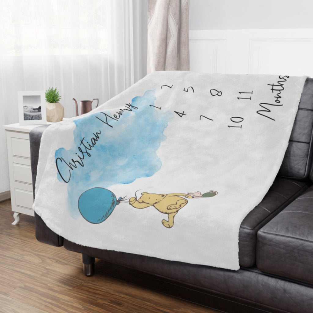 Classic Winnie Bear Baby Milestone Blanket, First Year Month Growth Tracker, Custom Name Newborn Blanket, Storybook Baby Shower Gift Boy