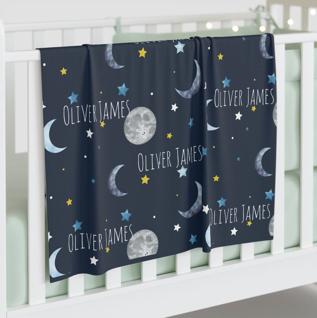 Personalized Baby Blanket Boy, Moon Stars Custom Name Throw, I Love You to the Moon and Back, Newborn Hospital Photo Mat, Baby Shower Gift