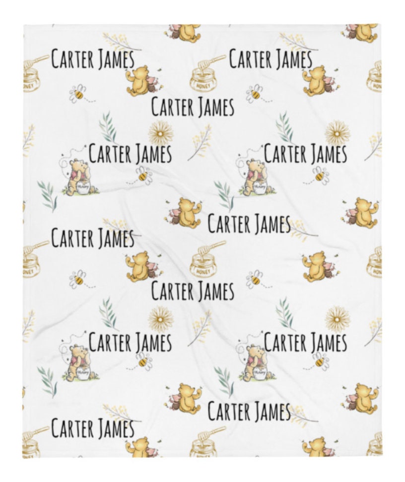 Classic Winnie Bear Personalized Swaddle Blanket, Custom Baby Name Gift, First Year Hospital Baby Photoshoot, Newborn Baby Shower Gift Boy