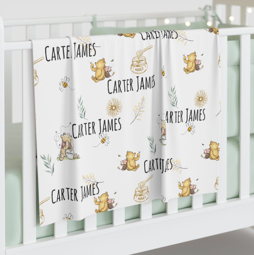 Classic Winnie Bear Personalized Swaddle Blanket, Custom Baby Name Gift, First Year Hospital Baby Photoshoot, Newborn Baby Shower Gift Boy