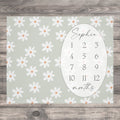 Never miss a moment with ELLO HOME BABY milestone blankets! This Cozy Daisy Baby Milestone Blanket is adorned with elegant Floral Daisies on a neutral sage green design.  An adorable photo backdrop for baby girl's monthly photos to track baby's Growth. A timeless baby keepsake to cherish for years to come! This is a sage green baby milestone blanket with a white daisy pattern. The blanket has a white oval with the name "Sophia" and numbers 1-12 for each month.