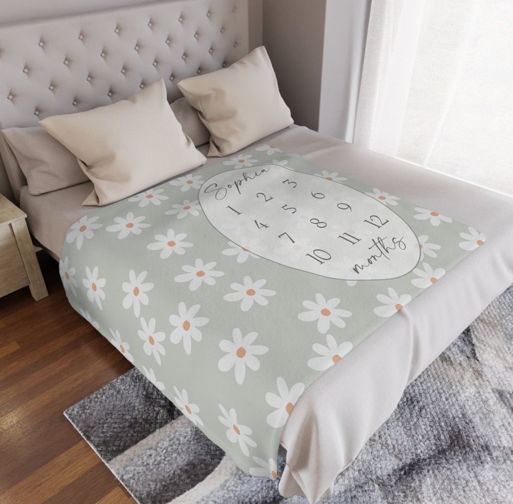 Sage Daisy Baby Milestone Blanket Girl, Daisy Floral Monthly Growth Chart, Personalized Custom Name Month Blanket, Neutral Baby Shower Gift