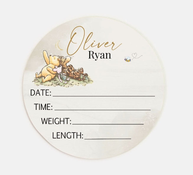 Classic Winnie Bear Baby Birth Stat Sign, Personalized Wood Nursery Decor, Newborn Hospital Birth Photo Prop, Teddy Bear Baby Shower Gift