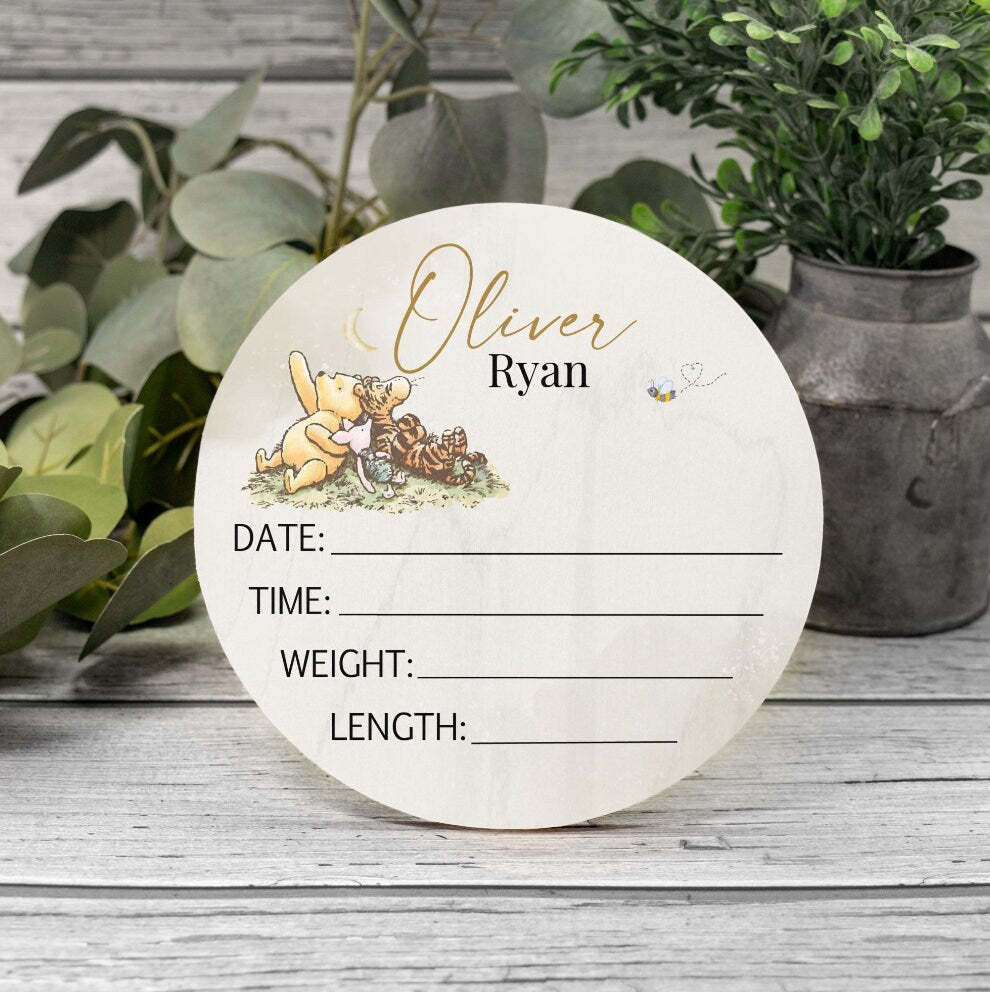 Classic Winnie Bear Baby Birth Stat Sign, Personalized Wood Nursery Decor, Newborn Hospital Birth Photo Prop, Teddy Bear Baby Shower Gift