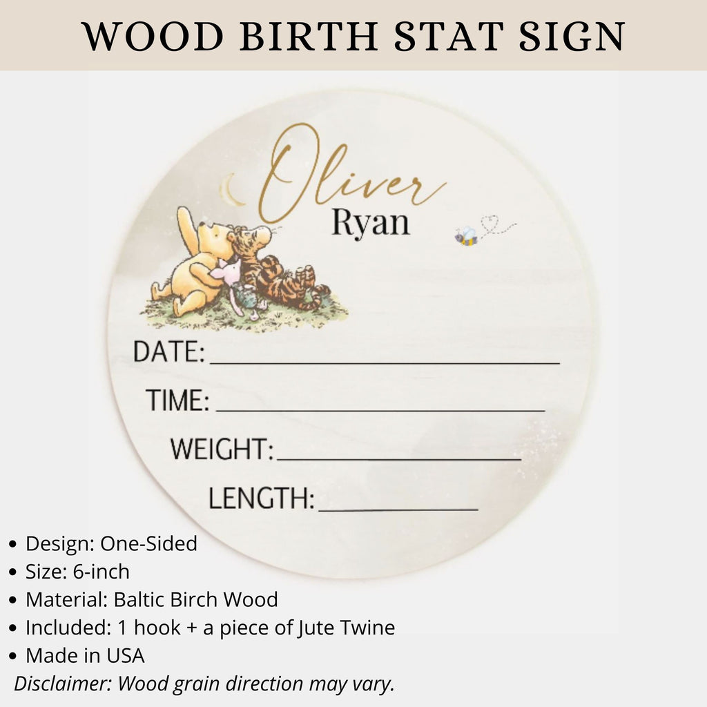 Classic Winnie Bear Baby Birth Stat Sign, Personalized Wood Nursery Decor, Newborn Hospital Birth Photo Prop, Teddy Bear Baby Shower Gift