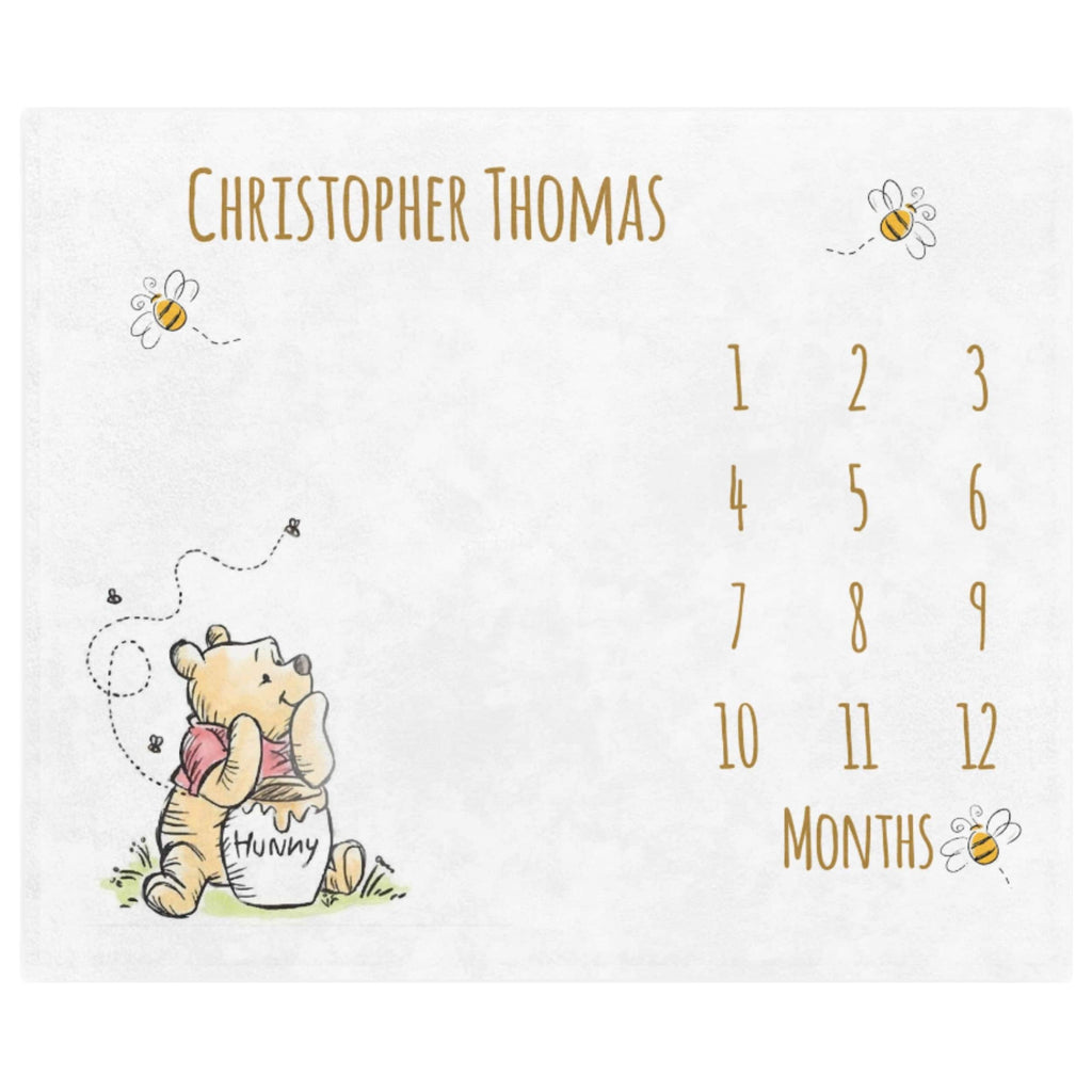 Classic Winnie Bear Baby Milestone Blanket Boy, First Year Calendar Monthly Growth Blanket Girl, Personalized Name Month Baby Shower Gift