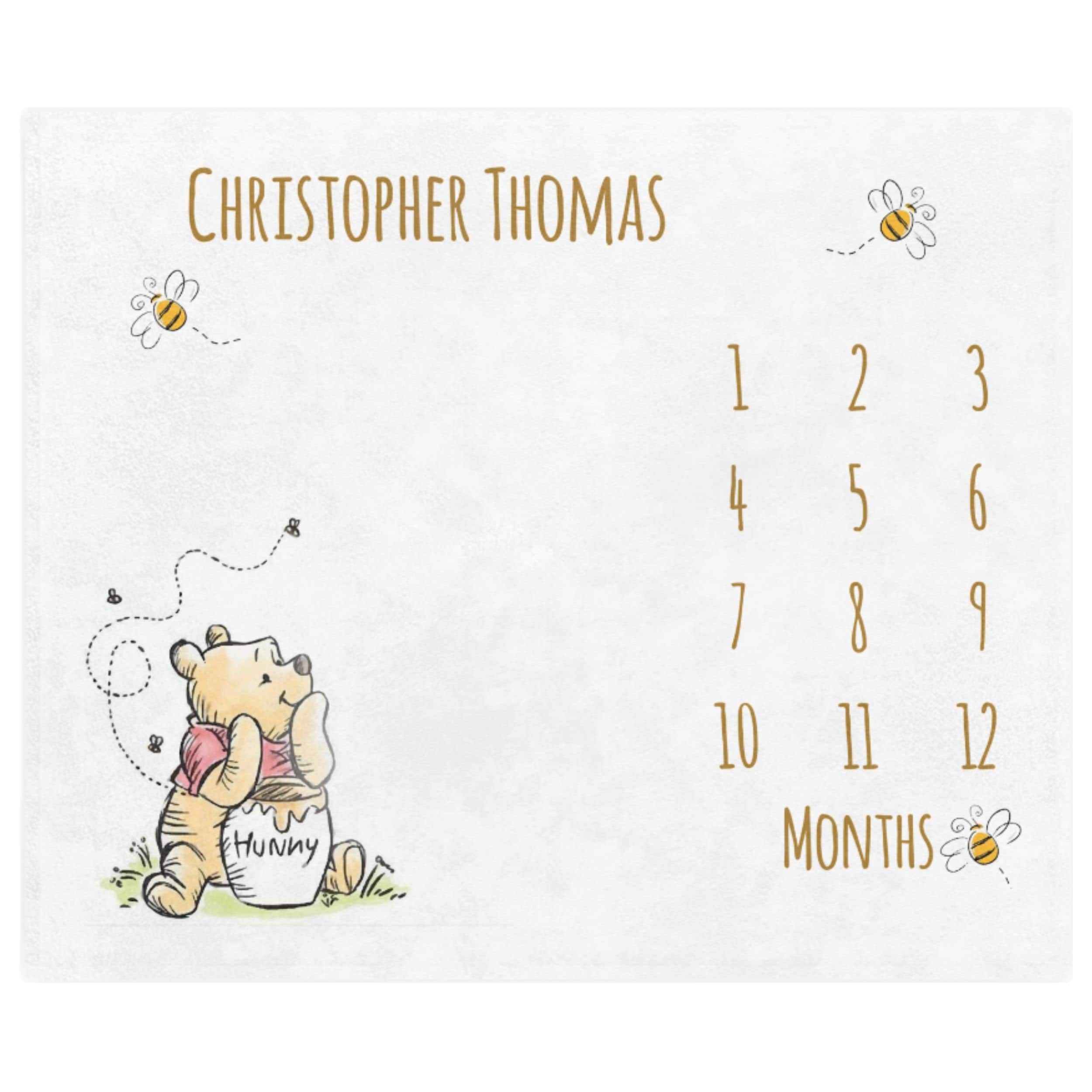 Classic Winnie Bear Baby Milestone Blanket Boy, First Year Calendar Monthly Growth Blanket Girl, Personalized Name Month Baby Shower Gift