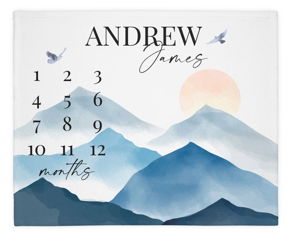 Mountain Baby Milestone Blanket Boy, Personalized Month Blanket, First Year Calendar Monthly Growth Adventure Await Blanket Baby Shower Gift