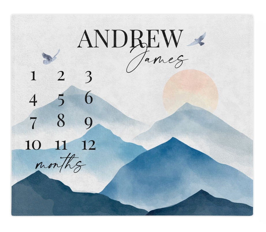 Mountain Baby Milestone Blanket Boy, Personalized Month Blanket, First Year Calendar Monthly Growth Adventure Await Blanket Baby Shower Gift