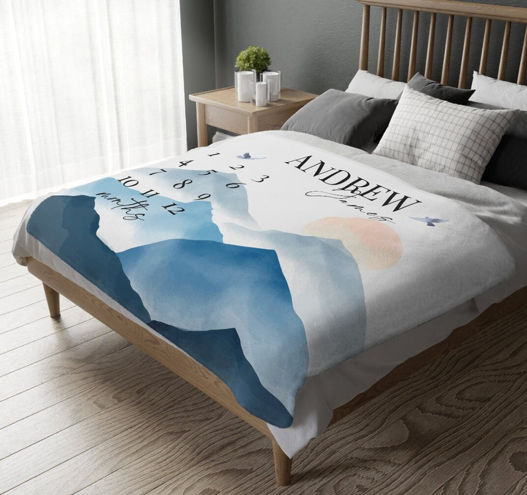 Mountain Baby Milestone Blanket Boy, Personalized Month Blanket, First Year Calendar Monthly Growth Adventure Await Blanket Baby Shower Gift