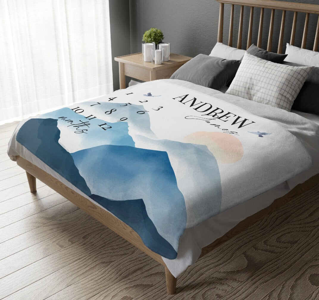Mountain Baby Milestone Blanket Boy, Personalized Month Blanket, First Year Calendar Monthly Growth Adventure Await Blanket Baby Shower Gift