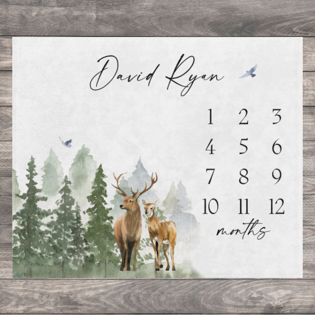 Deer Forest Baby Milestone Blanket Boy, Buck Month Blanket, First Year Calendar Monthly Growth Blanket, Mountain Milestone, Baby Shower Gift