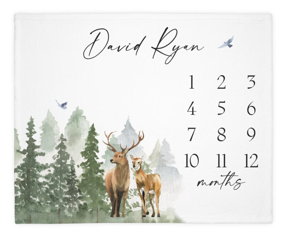 Deer Forest Baby Milestone Blanket Boy, Buck Month Blanket, First Year Calendar Monthly Growth Blanket, Mountain Milestone, Baby Shower Gift
