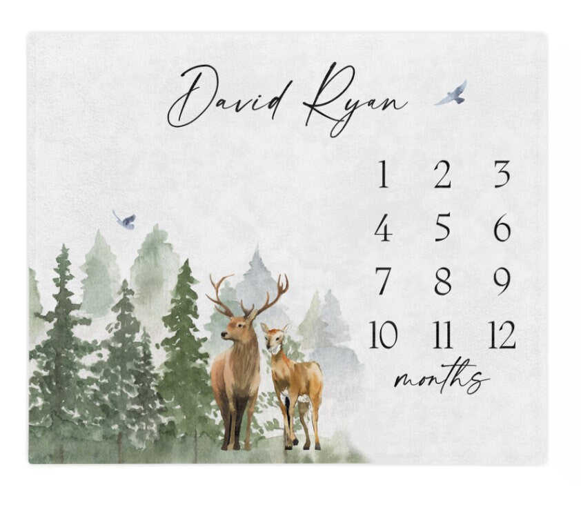 Deer Forest Baby Milestone Blanket Boy, Buck Month Blanket, First Year Calendar Monthly Growth Blanket, Mountain Milestone, Baby Shower Gift