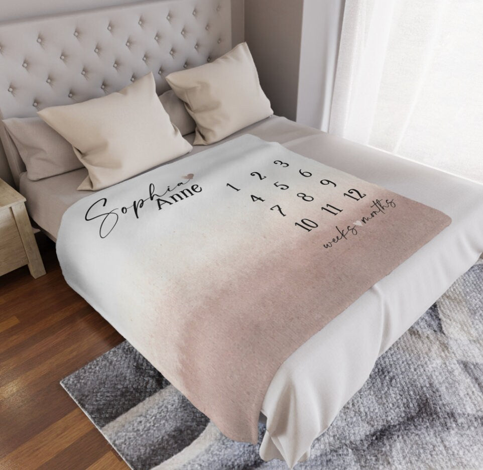 Baby Milestone Blanket Girl, First Year Calendar Monthly Growth Blanket, Personalized Name Month Mat, Newborn Girl Blanket, Baby Shower Gift