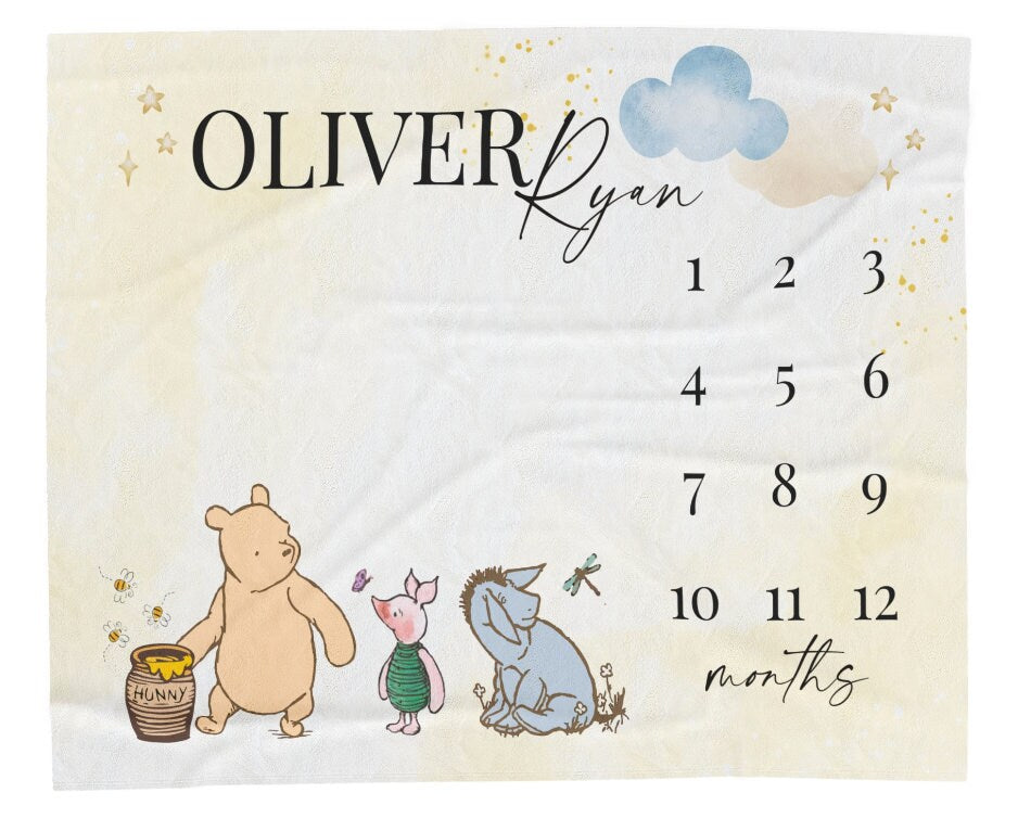 Classic Pooh Bear Baby Milestone Blanket Boy, First Year Calendar Monthly Growth Mat, Personalized Bear Name Month Blanket, Baby Shower Gift
