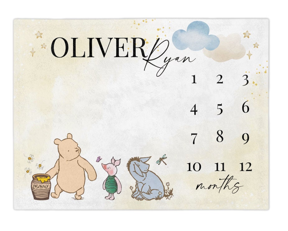 Classic Pooh Bear Baby Milestone Blanket Boy, First Year Calendar Monthly Growth Mat, Personalized Bear Name Month Blanket, Baby Shower Gift