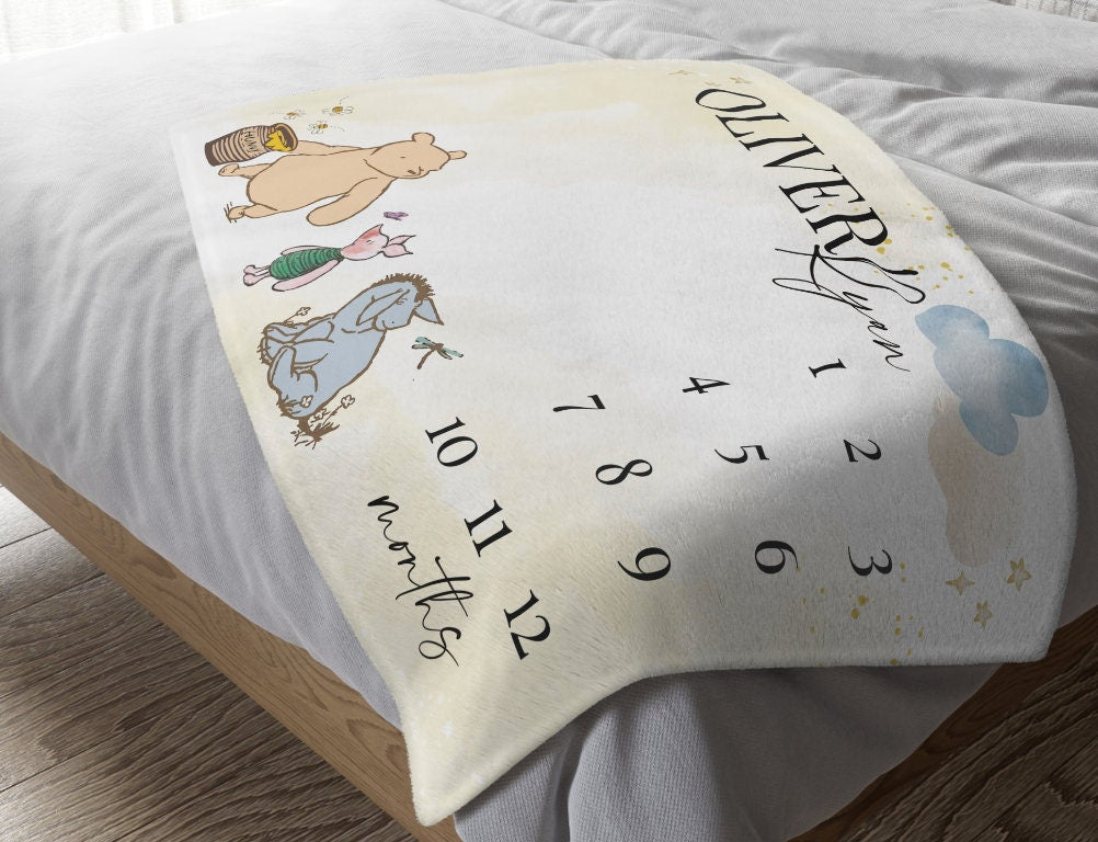 Classic Pooh Bear Baby Milestone Blanket Boy, First Year Calendar Monthly Growth Mat, Personalized Bear Name Month Blanket, Baby Shower Gift