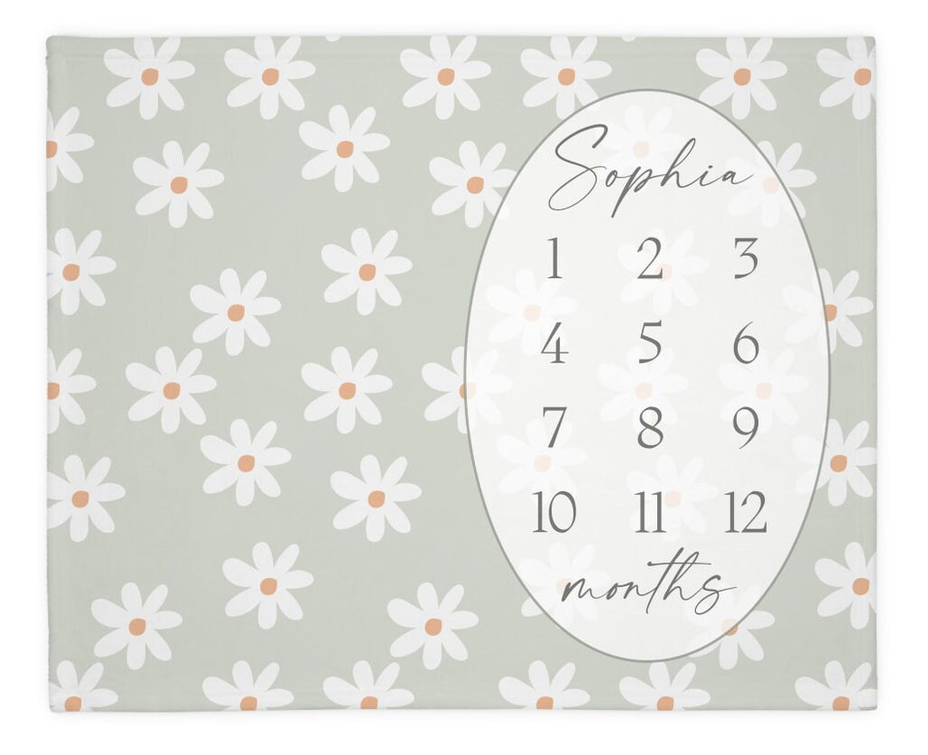 Sage Daisy Baby Milestone Blanket Girl, Daisy Floral Monthly Growth Chart, Personalized Custom Name Month Blanket, Neutral Baby Shower Gift