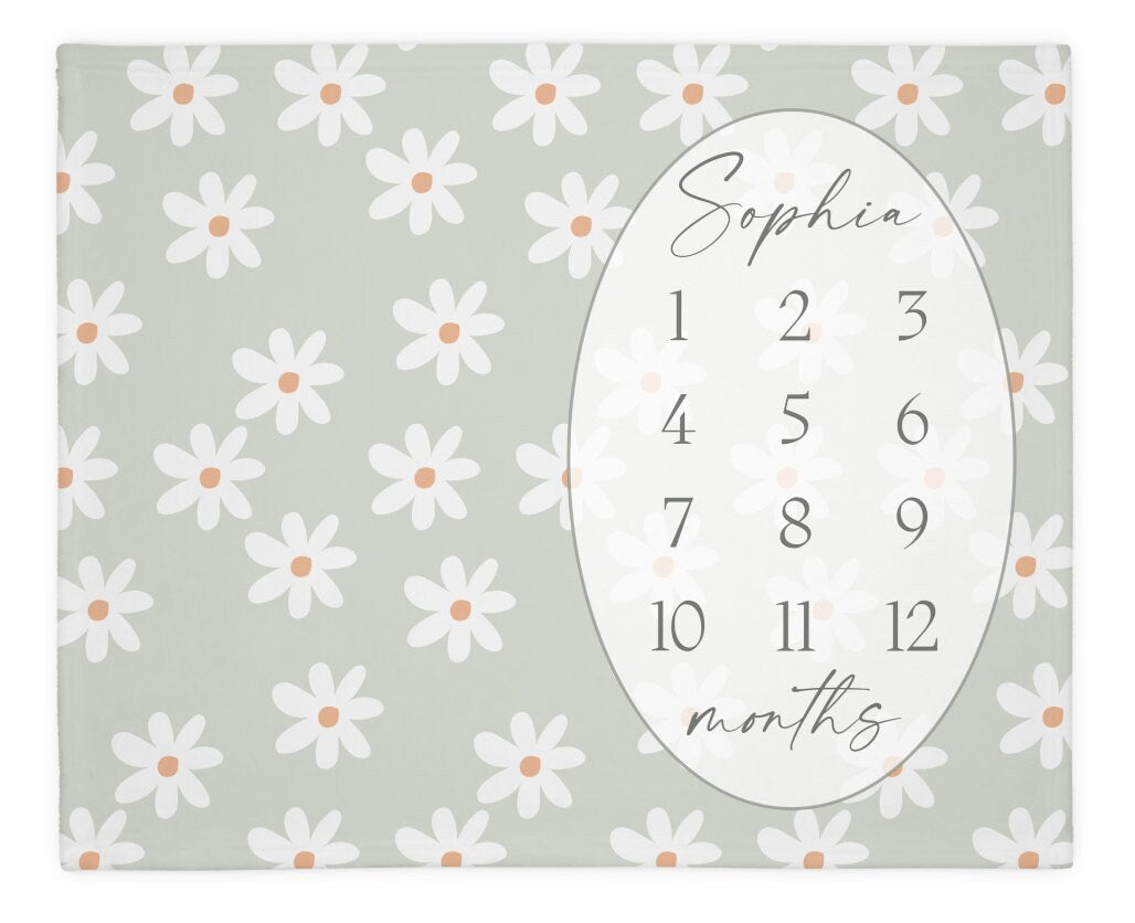 Sage Daisy Baby Milestone Blanket Girl, Daisy Floral Monthly Growth Chart, Personalized Custom Name Month Blanket, Neutral Baby Shower Gift