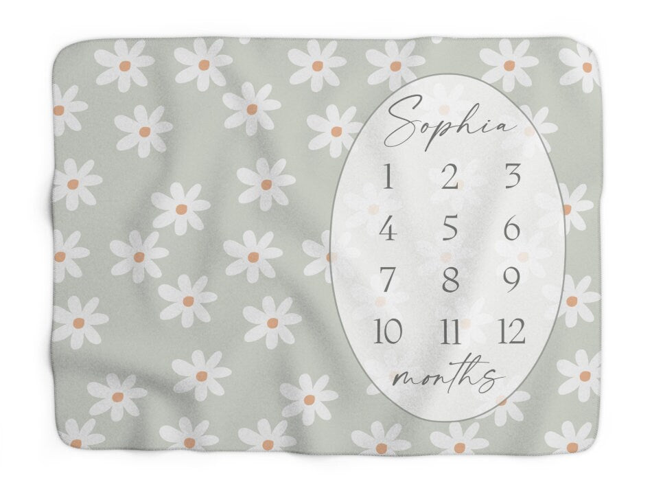 Sage Daisy Baby Milestone Blanket Girl, Daisy Floral Monthly Growth Chart, Personalized Custom Name Month Blanket, Neutral Baby Shower Gift