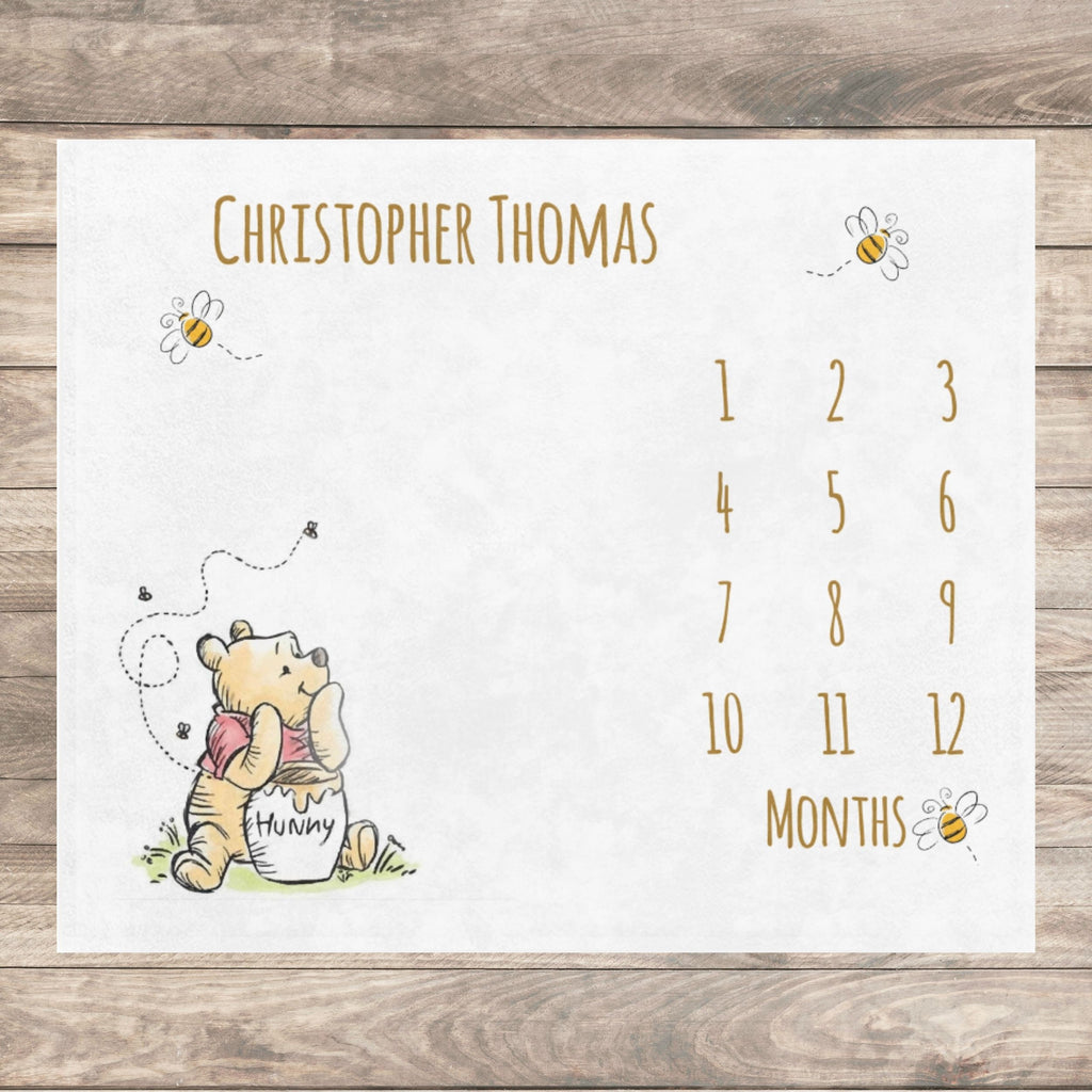Classic Winnie Bear Baby Milestone Blanket Boy, First Year Calendar Monthly Growth Blanket Girl, Personalized Name Month Baby Shower Gift