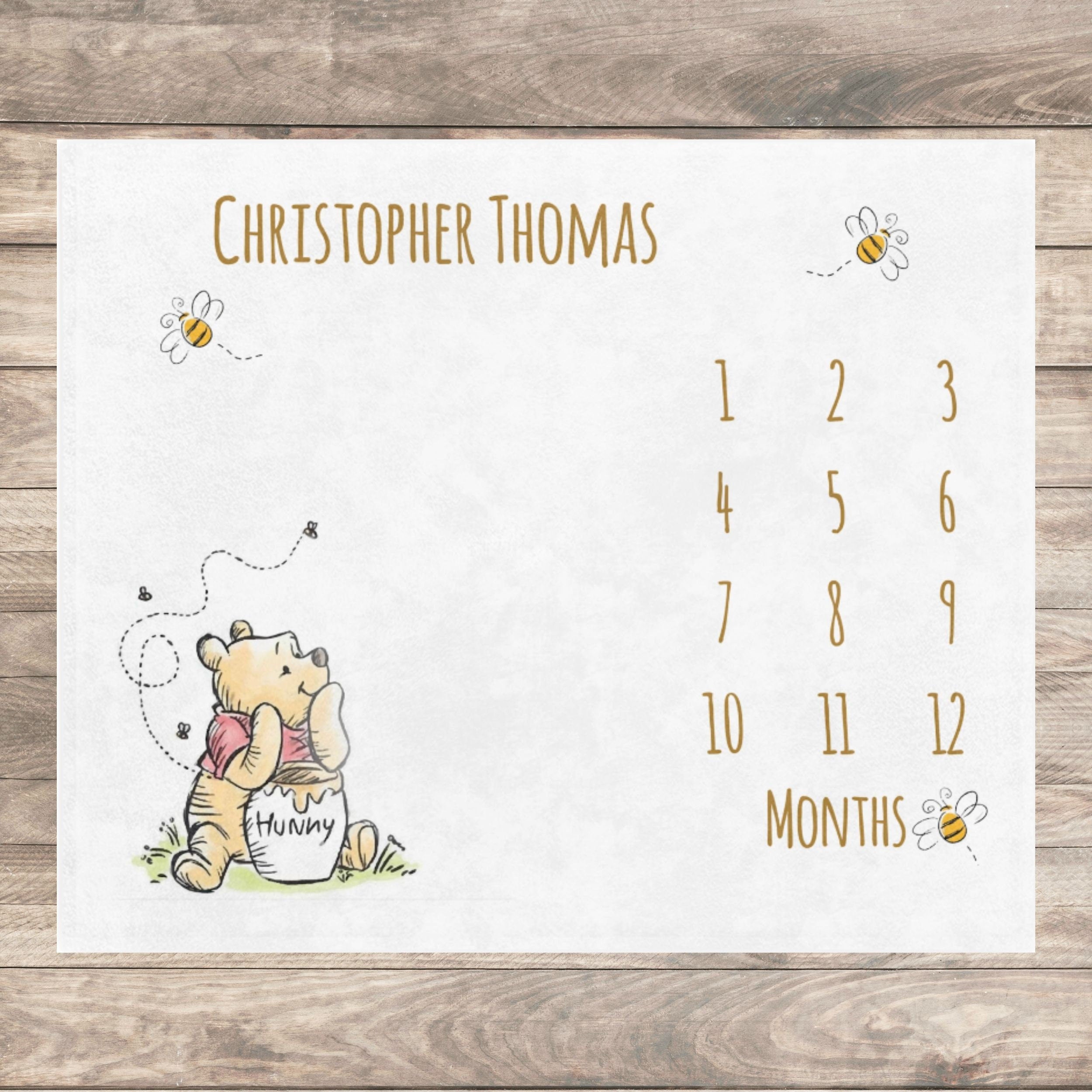Classic Winnie Bear Baby Milestone Blanket Boy, First Year Calendar Monthly Growth Blanket Girl, Personalized Name Month Baby Shower Gift