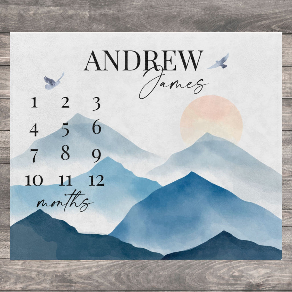 Mountain Baby Milestone Blanket Boy, Personalized Month Blanket, First Year Calendar Monthly Growth Adventure Await Blanket Baby Shower Gift