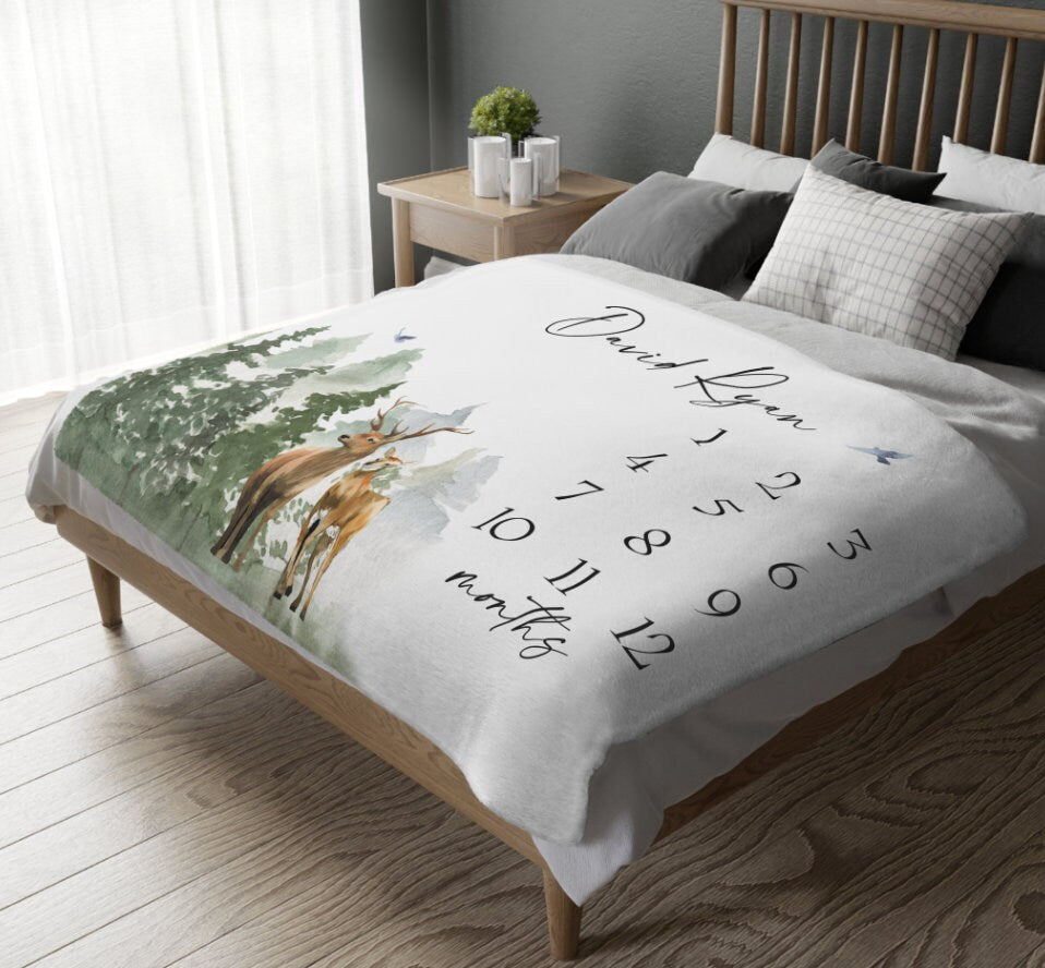 Deer Forest Baby Milestone Blanket Boy, Buck Month Blanket, First Year Calendar Monthly Growth Blanket, Mountain Milestone, Baby Shower Gift