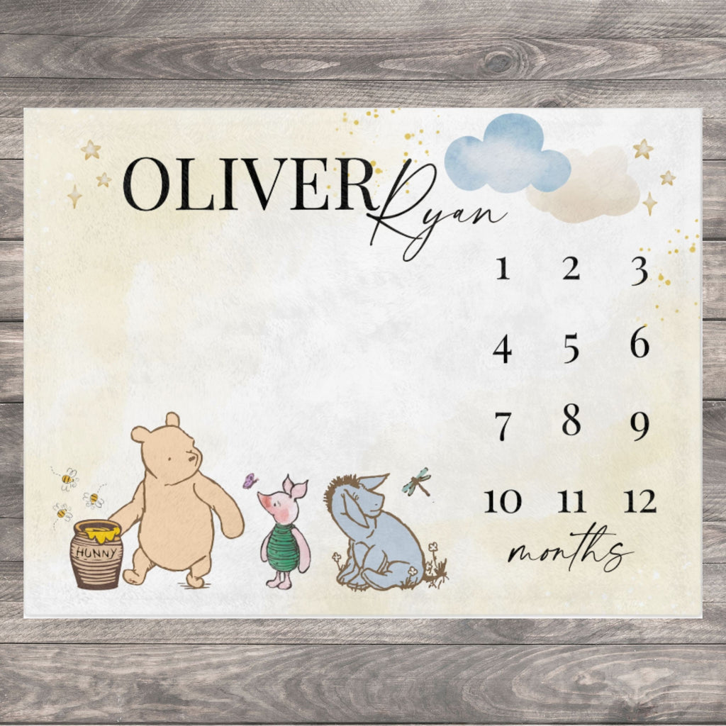 Classic Pooh Bear Baby Milestone Blanket Boy, First Year Calendar Monthly Growth Mat, Personalized Bear Name Month Blanket, Baby Shower Gift