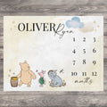Classic Pooh Bear Baby Milestone Blanket Boy, First Year Calendar Monthly Growth Mat, Personalized Bear Name Month Blanket, Baby Shower Gift